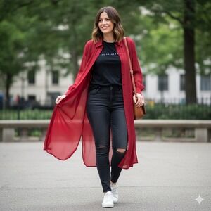 Red‎ Rag Sheer Chiffon Long Sleeve Button Down Maxi Shirt Duster Kimono Size 1X